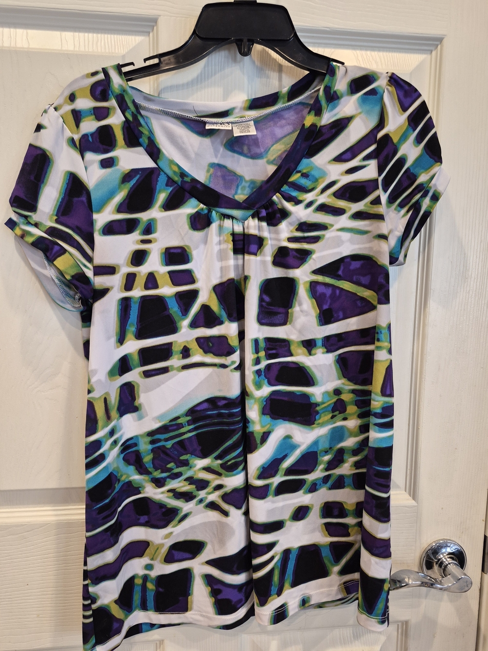 duo Maternity Abstract Short Sleeve Top - Purple, Teal & White